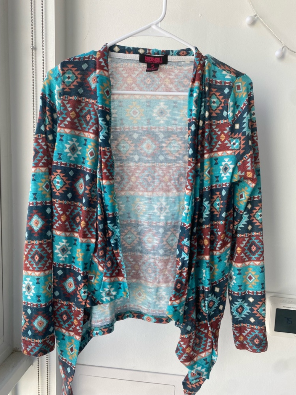 Rock & Roll Denim Aztec Cardigan Small Open Front Southwestern Boho Wrap Western